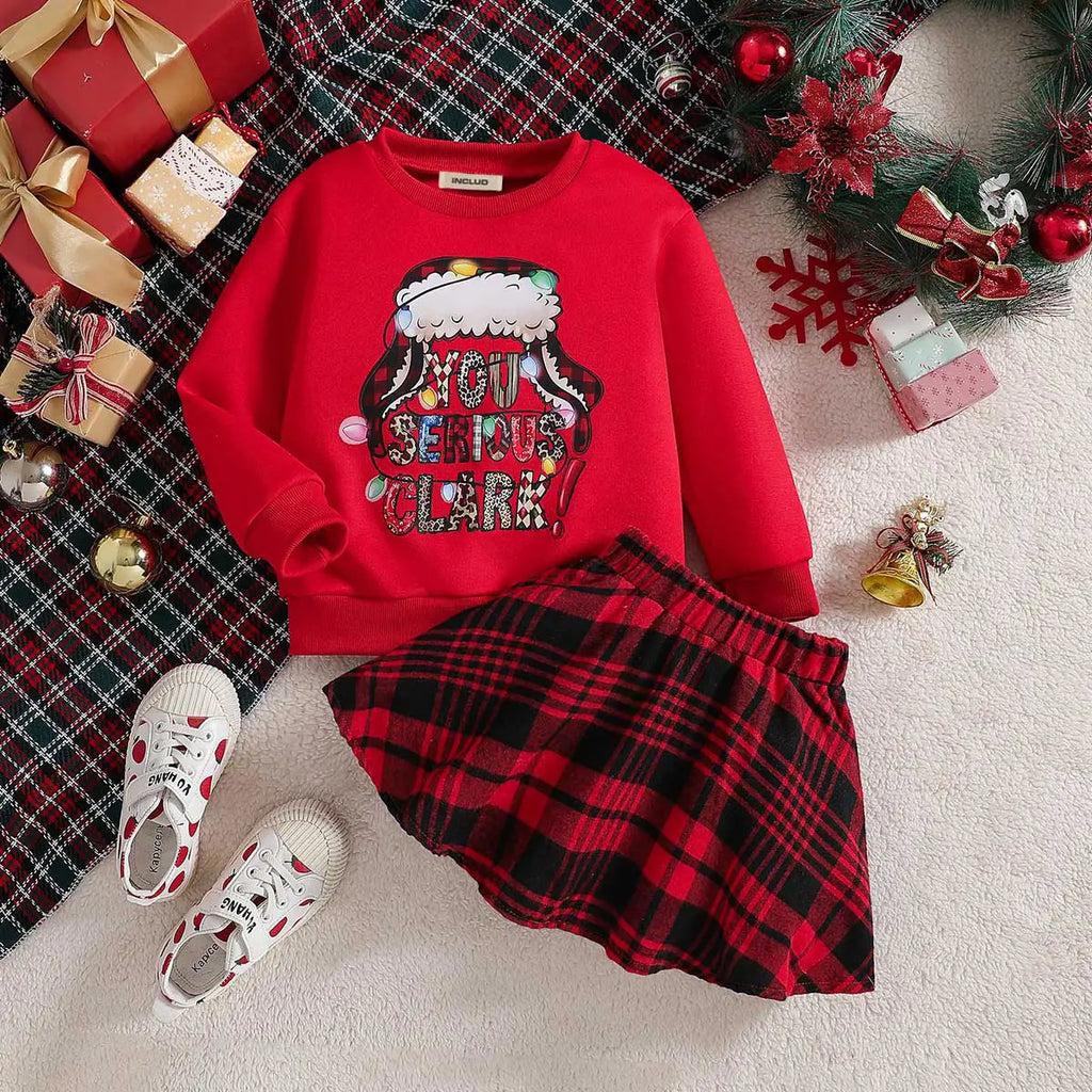 Girls Red Typographic Printed Sweatshirt With Diagonal Checked Skirt Sets 2 pc. Sets Red 3-4 Y
