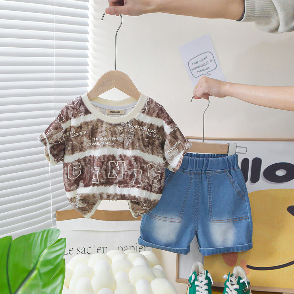 Boys Brown Stripes Short Sleeves T-Shirt With Denim Shorts Set 2 pc. Sets Brown 1-2 Y