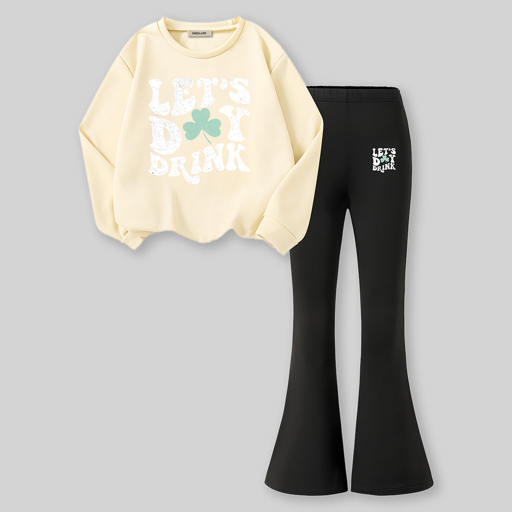 Girls Apricot Typographic Printed Sweatshirt With Pants Sets 2 pc. Sets Apricot 7-8 Y