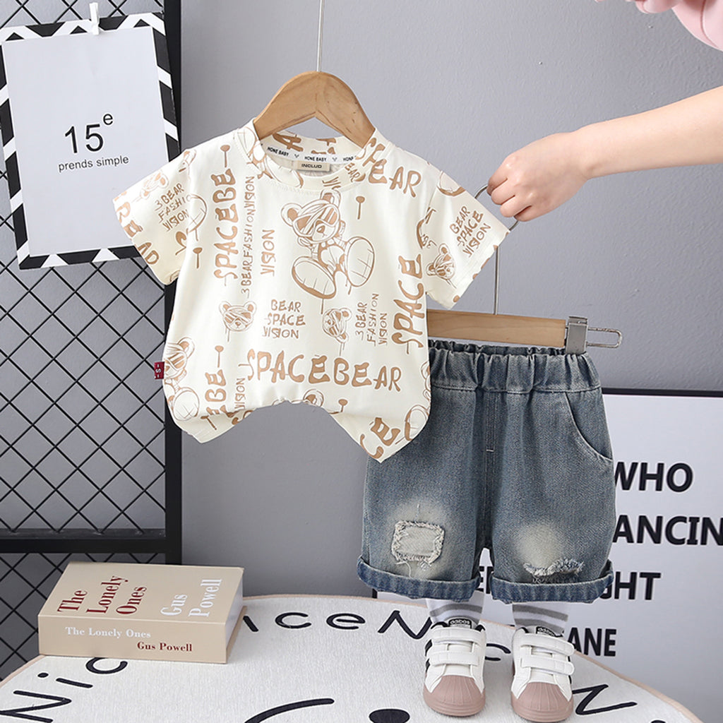 Boys Off White Bear Graphic Short Sleeve T-Shirt With Denim Shorts Set 2 pc. Sets Off White 1-2 Y