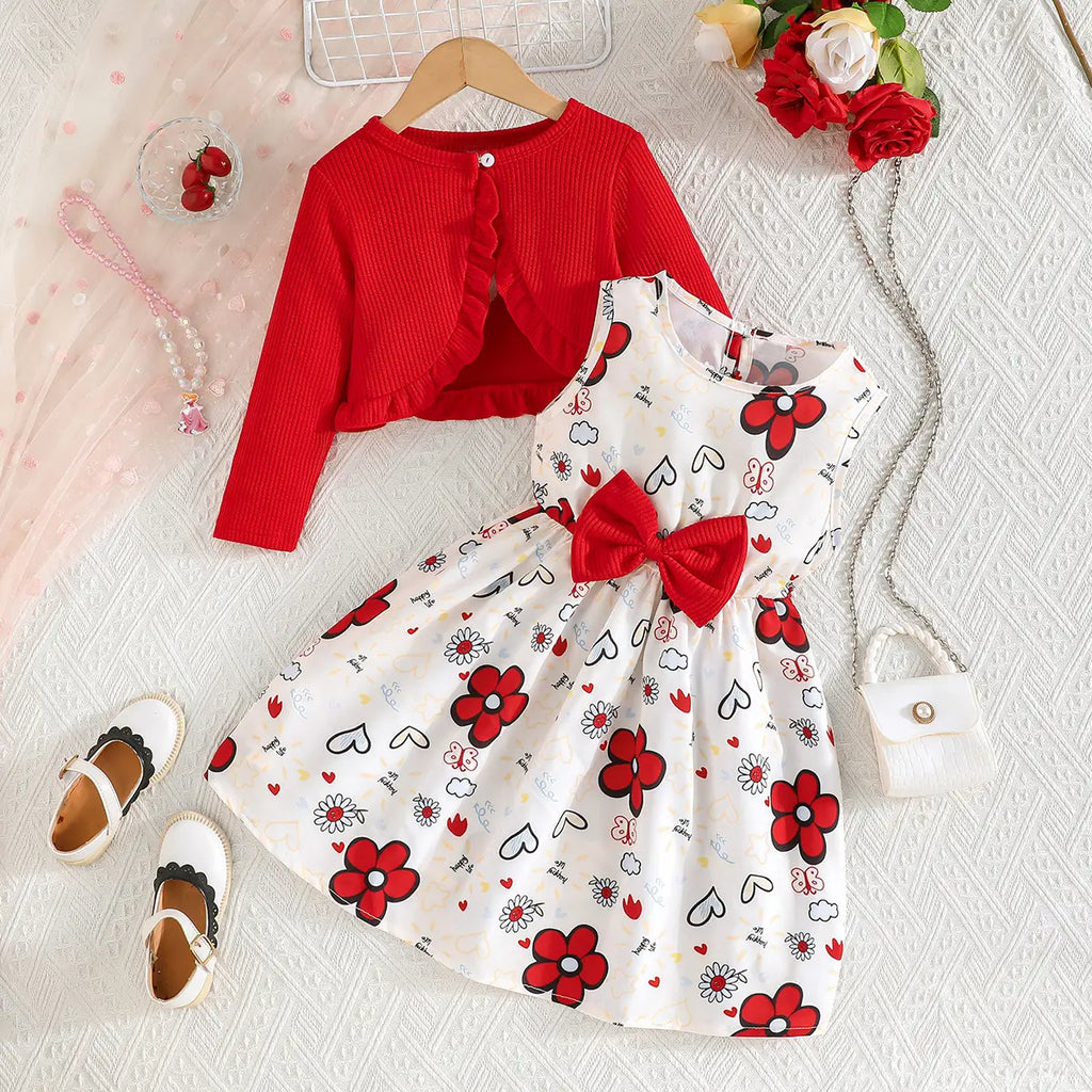 Girls Off White Floral Printed Fit & Flare Dress With Long Sleeves Shrug Casual Dresses Off White 2-3 Y