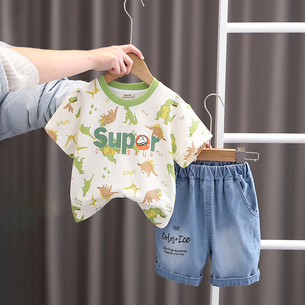 Boys Dinosaur Printed Off White T-Shirt With Denim Short Set 2 pc. Sets