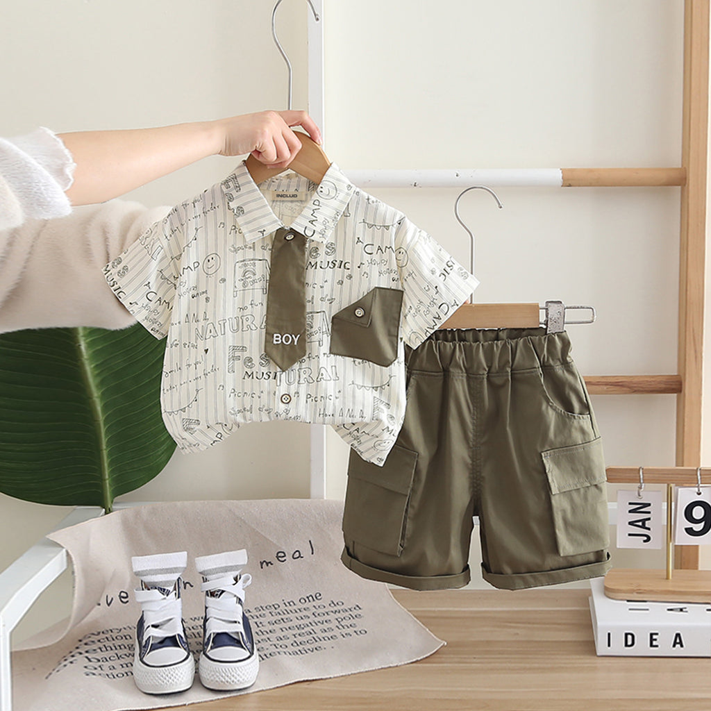 Boys Printed Short Sleeves Shirt With Green Neck Tie And cargo Shorts Set Sets Green 1-2 Y