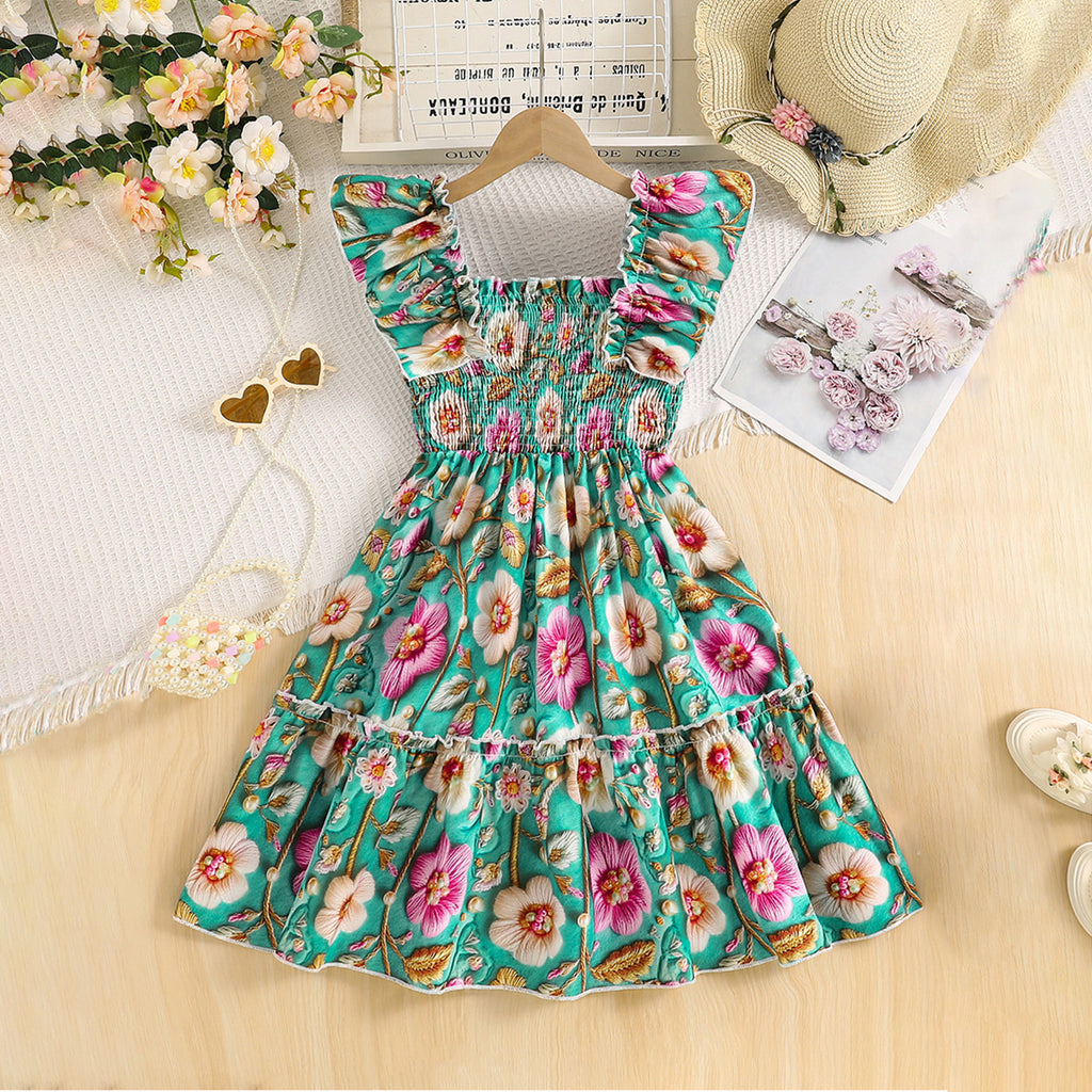 Girls Multicolor Floral Printed Sleeveless Square Neck Fit & Flare Smocked Dress Casual Dresses