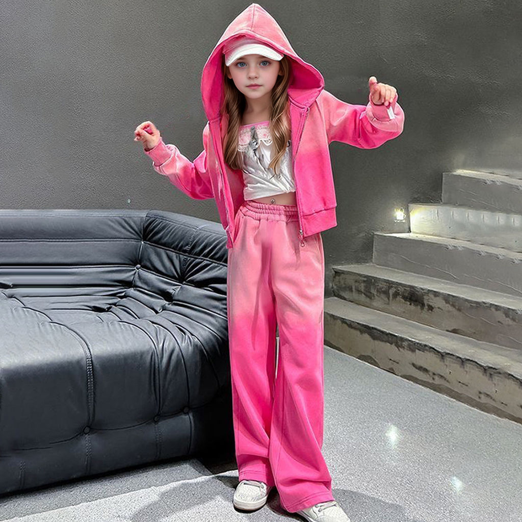 Girls Pink Ombre Printed Front zipper Hooded Jacket With Pants Winter Co-Ord Set 2 pc. Sets Pink 5-6 Y