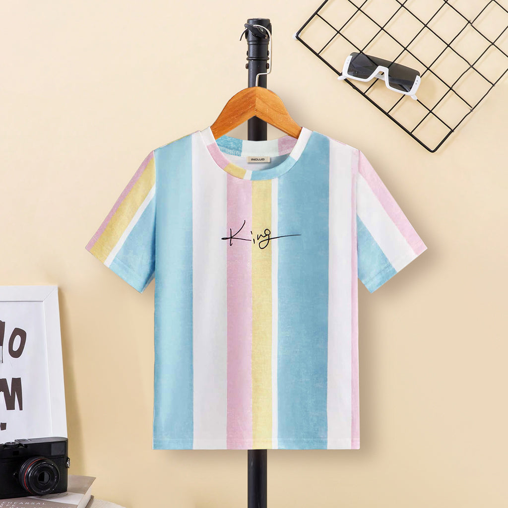 Boys Multicolor Vertical Striped Short Sleeves T Shirt Tshirts Multicolor 3-4 Y