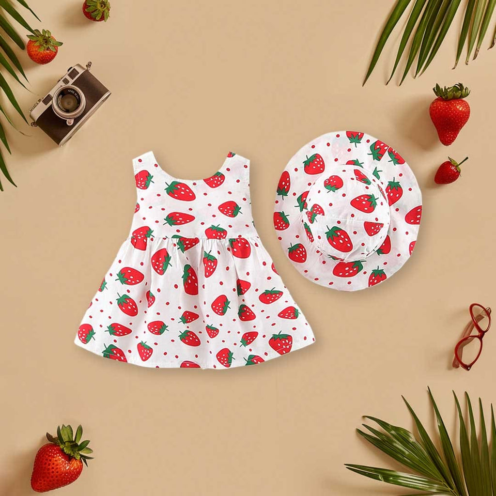 Girls Strawberry Print Casual Dress with Hat Casual Dresses Red 1-2 Y 