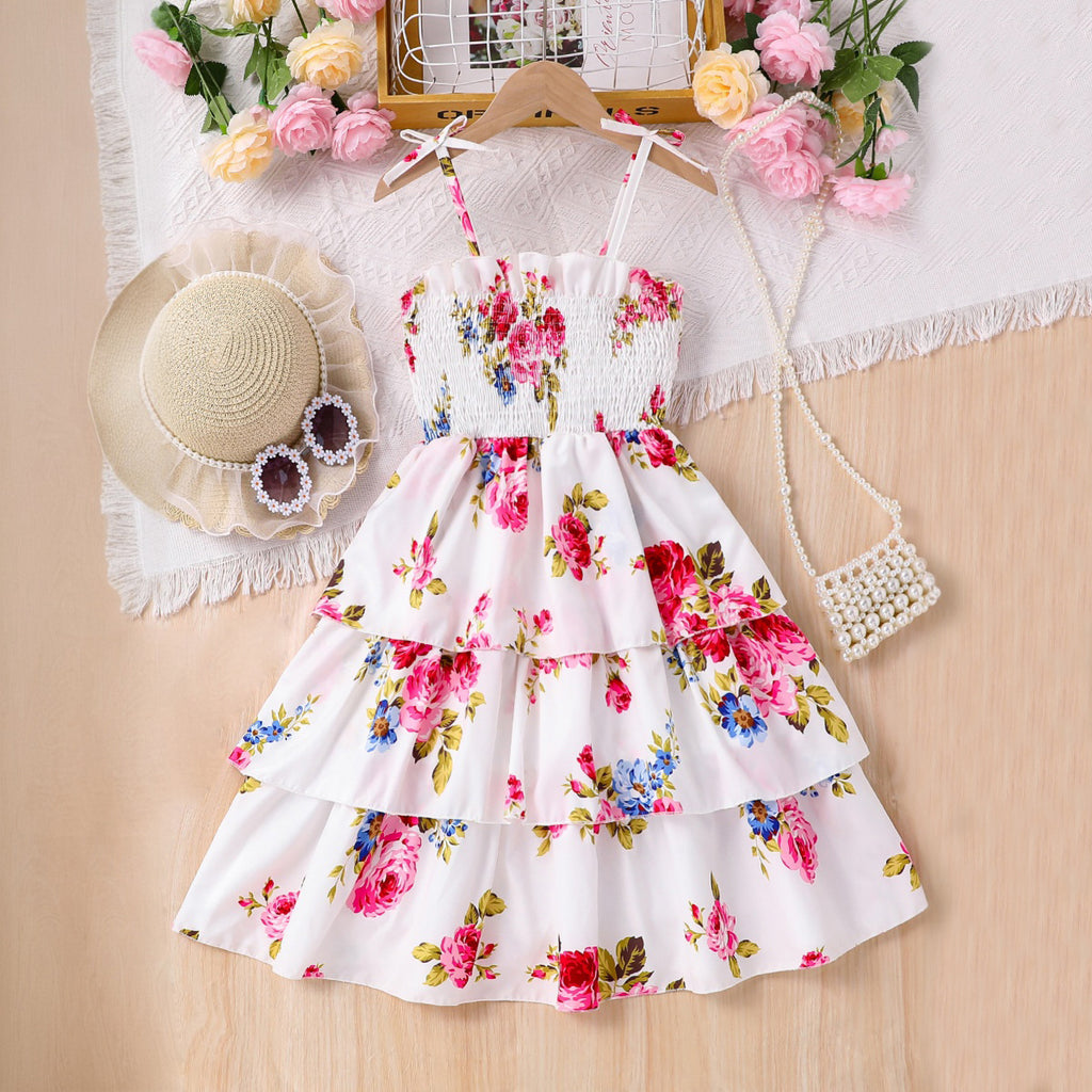 Girls White Floral Printed Sleeveless Smocked Fit & Flare Casual Dress Casual Dresses White 3-4 Y
