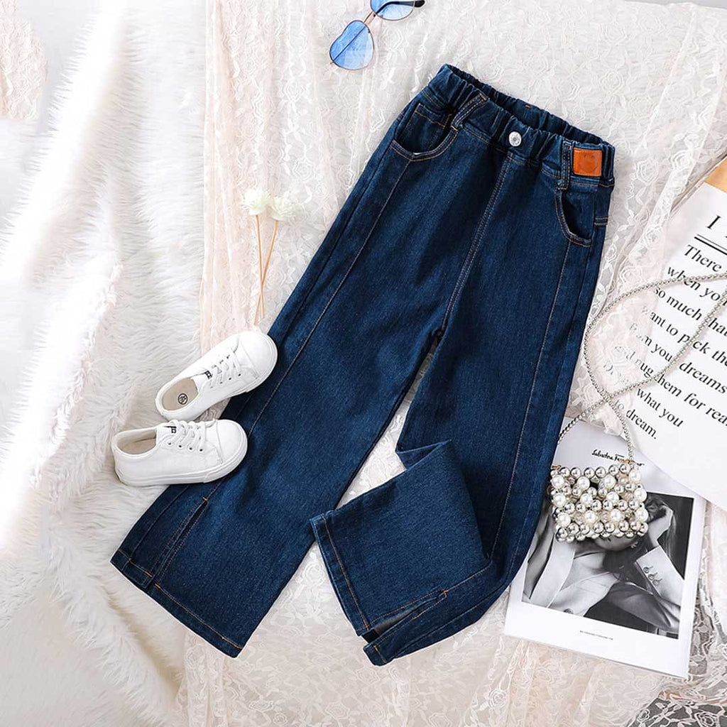 Girls Cross Pocket Straight Fit Denim Trousers Pants Blue 5-6 Y 