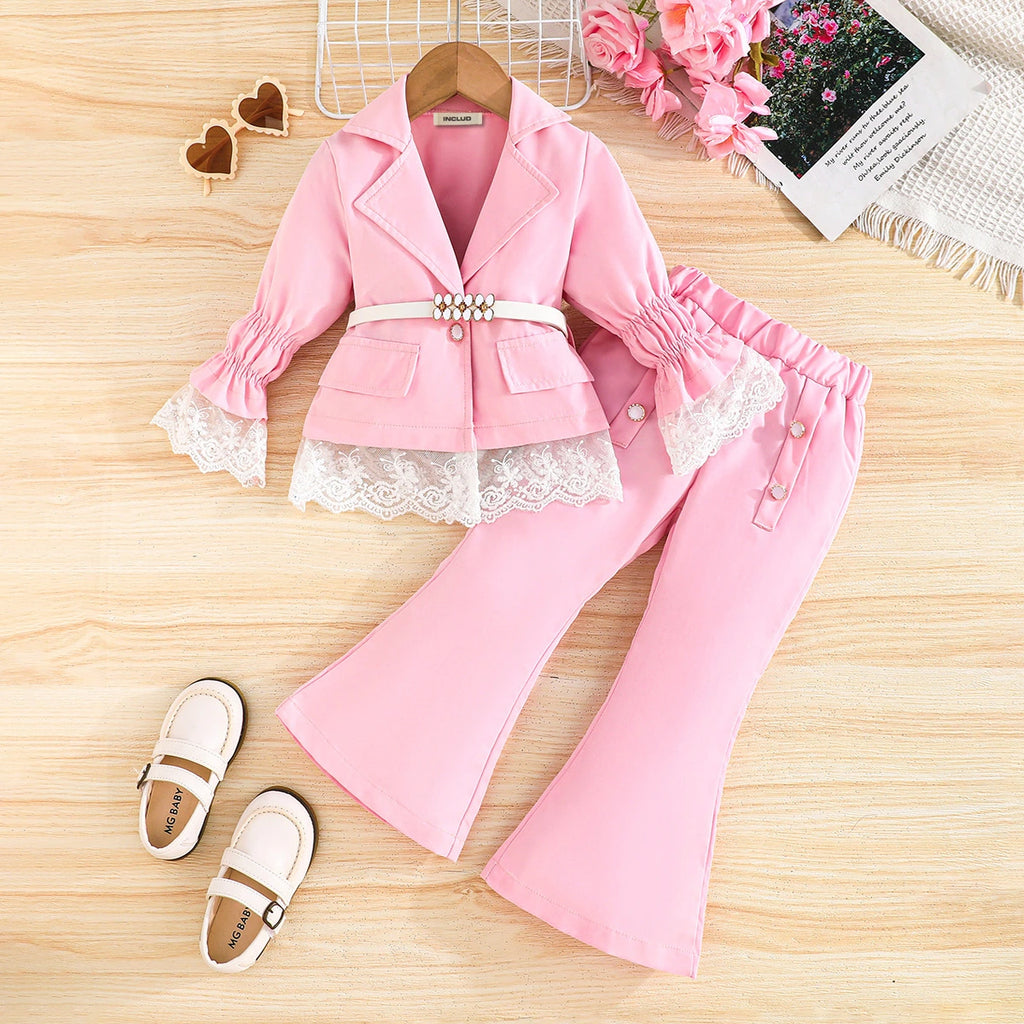 Girls Pink Long Sleeves Blazer Top With Flared Hem Pant Sets Sets Pink 2-3 Y