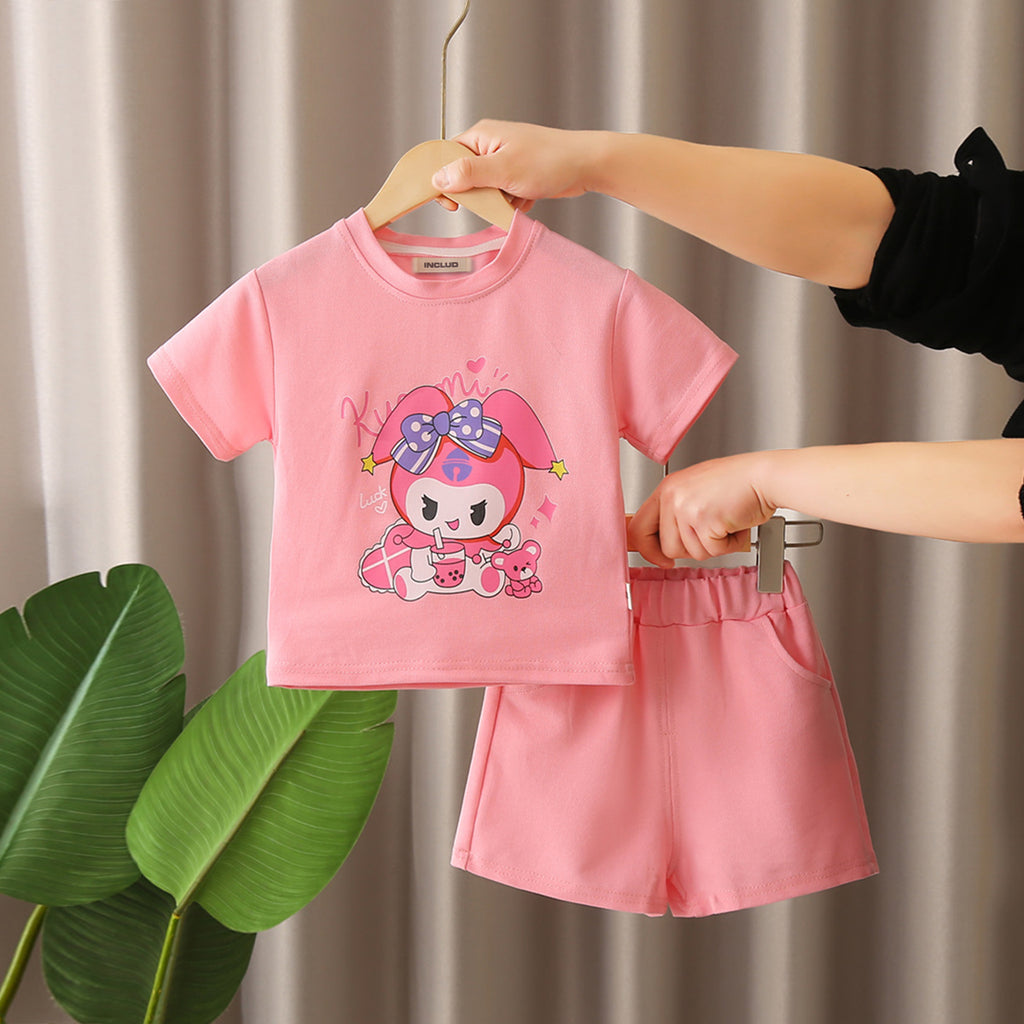 Girls Pink Cartoon Printed T-shirt with Knitted Shorts Set Sets Pink 1-2 Y