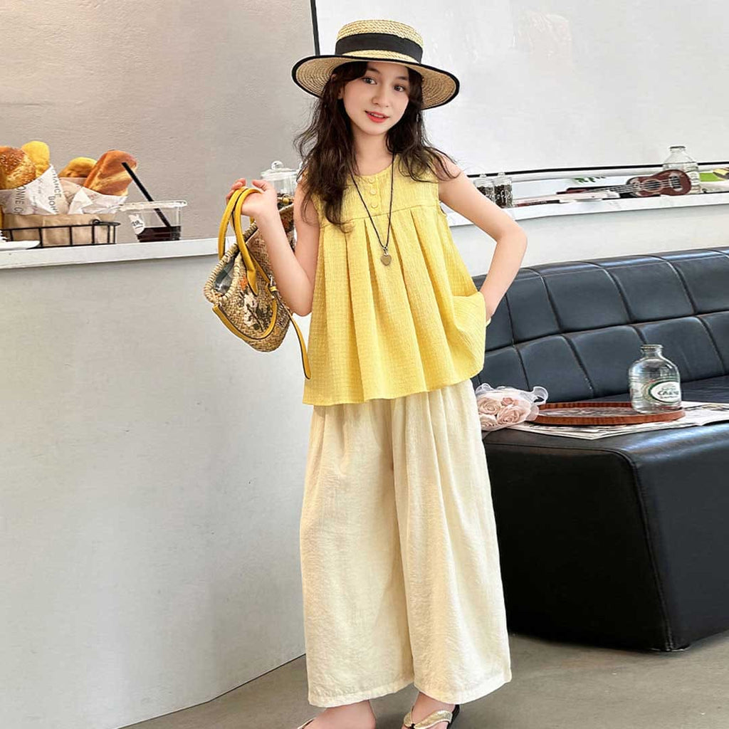 Girls Sleeveless Empire Line Top With Pants Set Sets Yellow 6-7 Y 