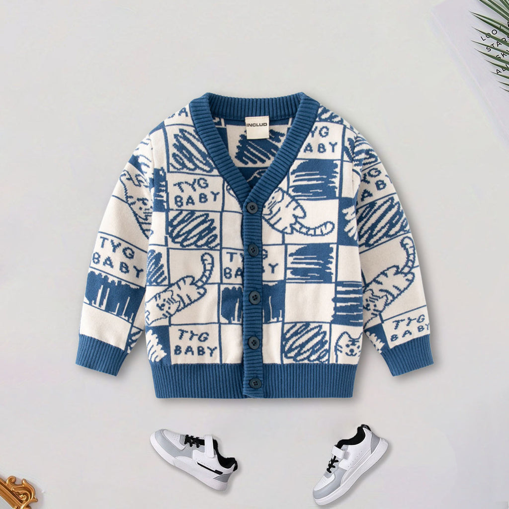 Boys Blue Cardigan With Self Design Cat Ptterns Sweaters & Cardigans Blue 2-3 Y