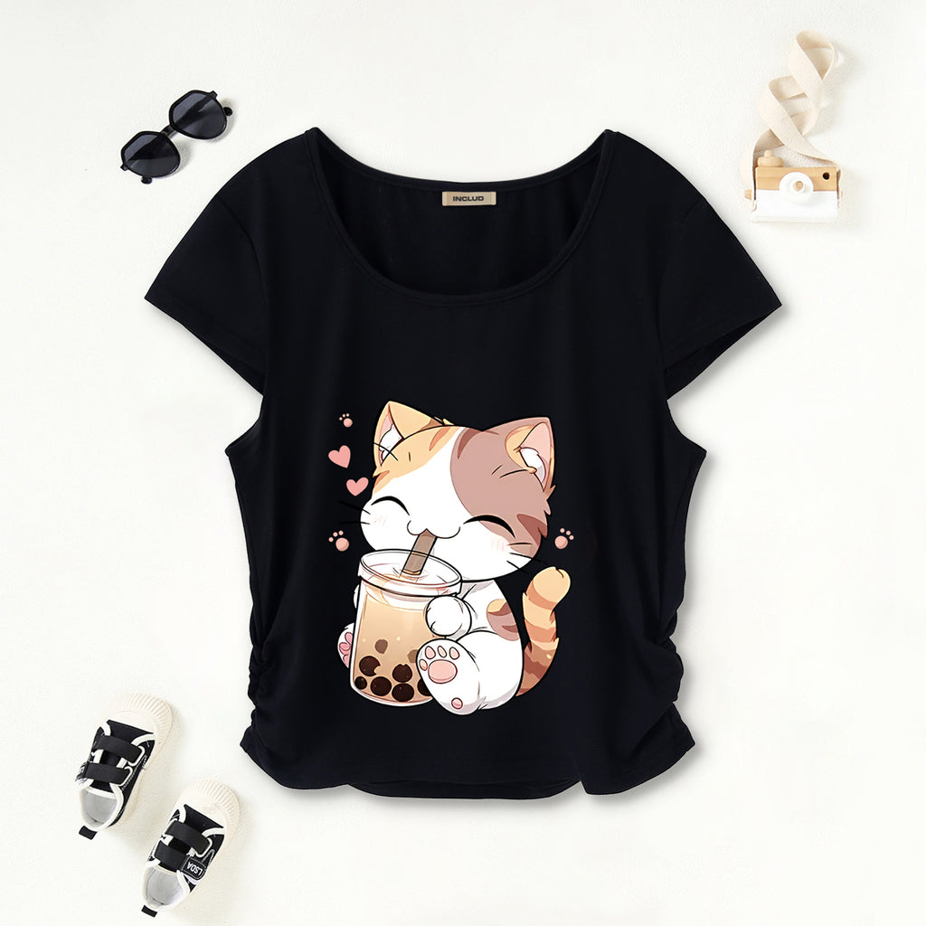 Girls Black Cat Graphic Short Sleeves Scoop Neck T-Shirt Tshirts Black 7-8 Y