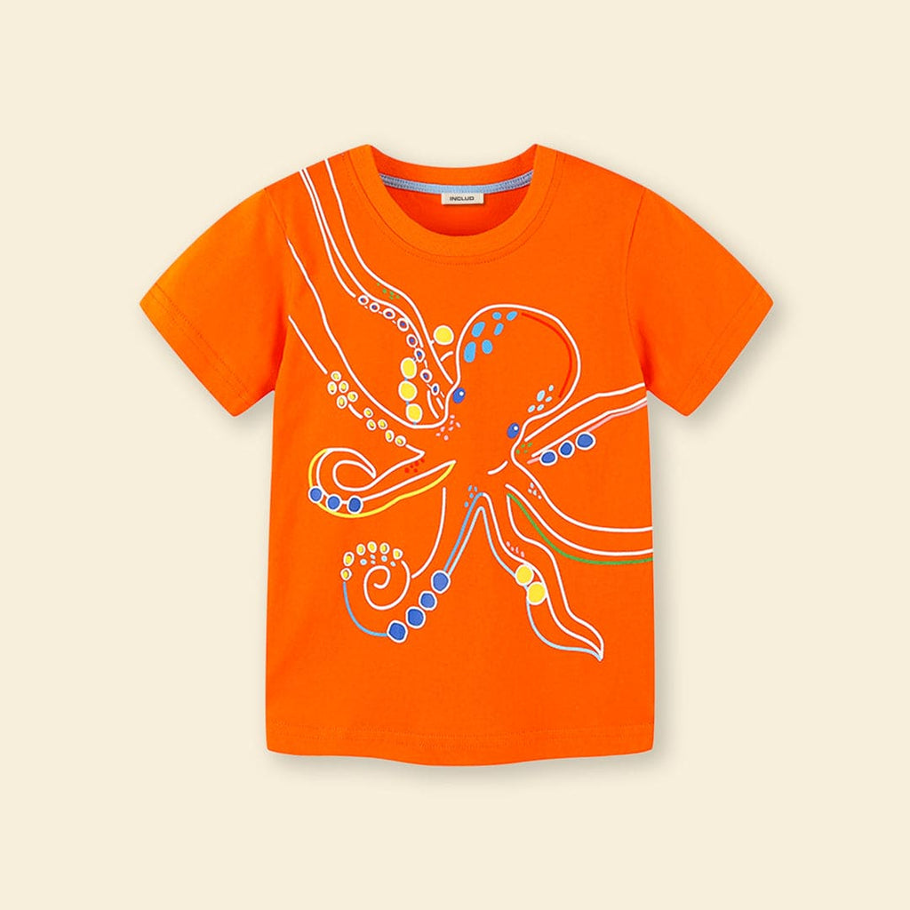 Boys Short Sleeve Octopus Print T-Shirt Tshirts Orange 1-2 Y 