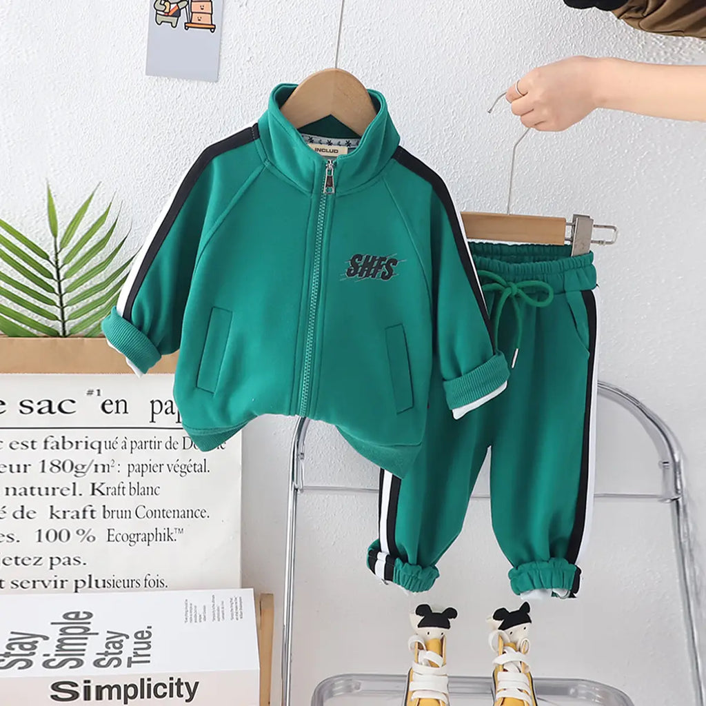Boys Green Typographic Printed Zipper Jacket With Jogger Co-ord Sets Sets Green 1-2 Y