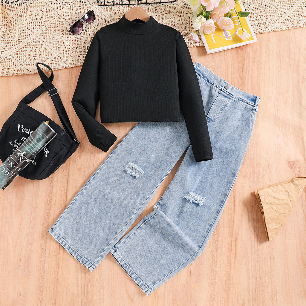Girls Black High Neck Sweatshirt With Light Wash Denim Trousers Sets 2 pc. Sets Black 8-9 Y