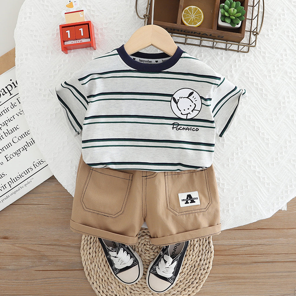 Boys White Striped Short Sleeves Round Neck T-Shirt With Shorts Set 2 pc. Sets White 1-2 Y