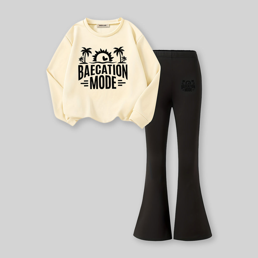 Girls Apricot Typographic Printed Sweatshirt With Flared Pants Sets 2 pc. Sets Apricot 7-8 Y