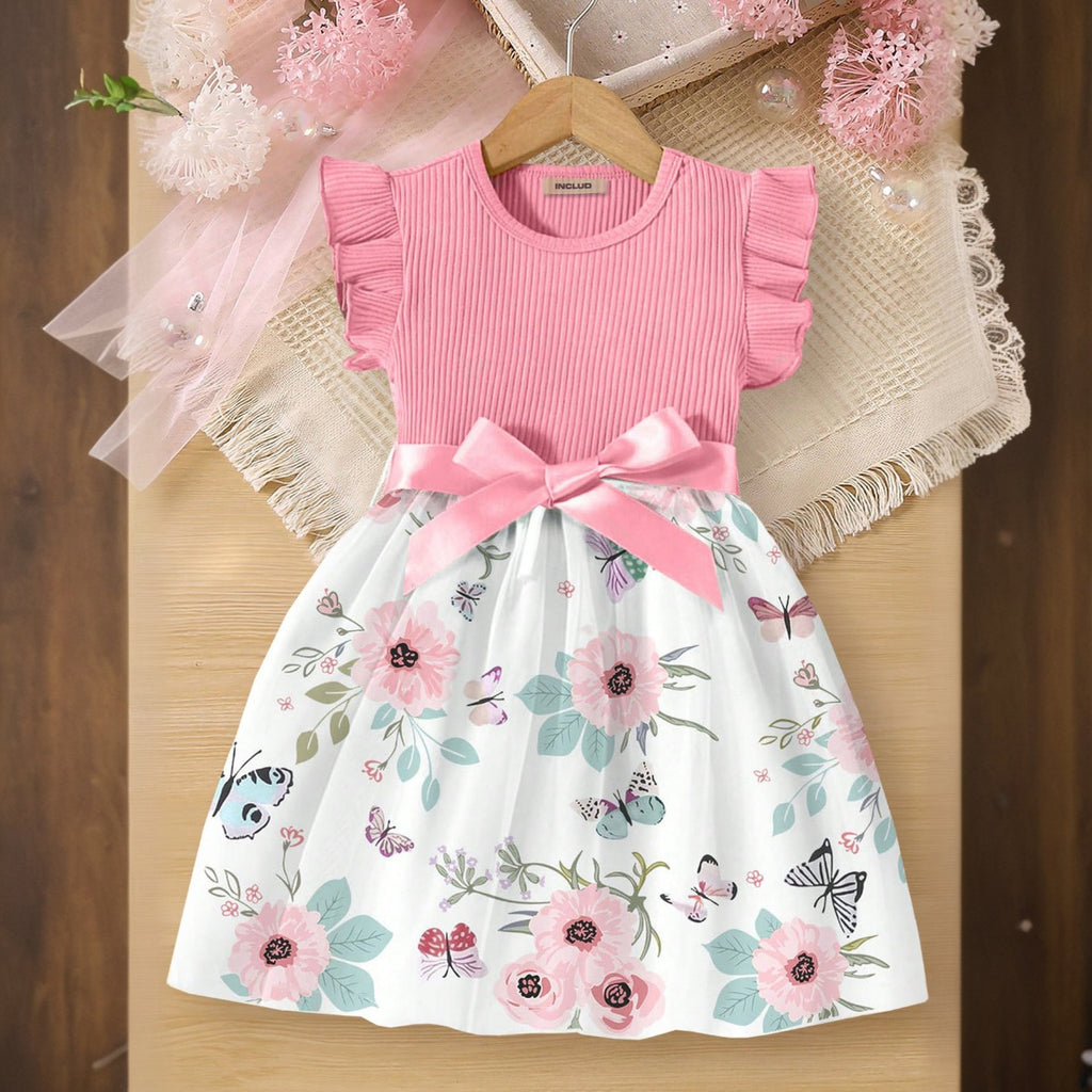 Girls Peach Floral Flutter Sleeves Fit And Flared Dress Casual Dresses Peach 3-4 Y