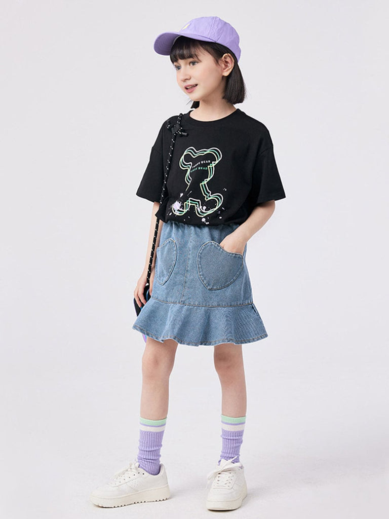 Girls Printed Oversized Casual T-shirt Tshirts Black 6-7 Y 