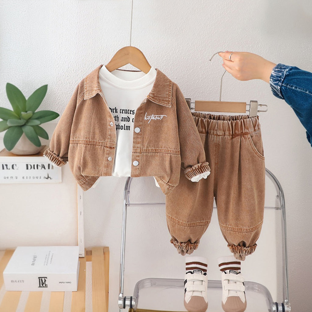Boys Brown Light Wash Shirt With T-Shirt And Denim Trousers Sets 3 pc. Sets Brown 1-2 Y