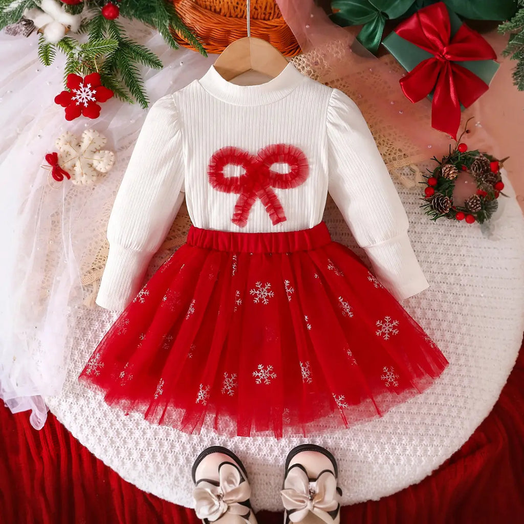Girls Self-Design Stripe Top With Red Embroidered Tulle Overlay Skirt Sets 2 pc. Sets Red 1-2 Y