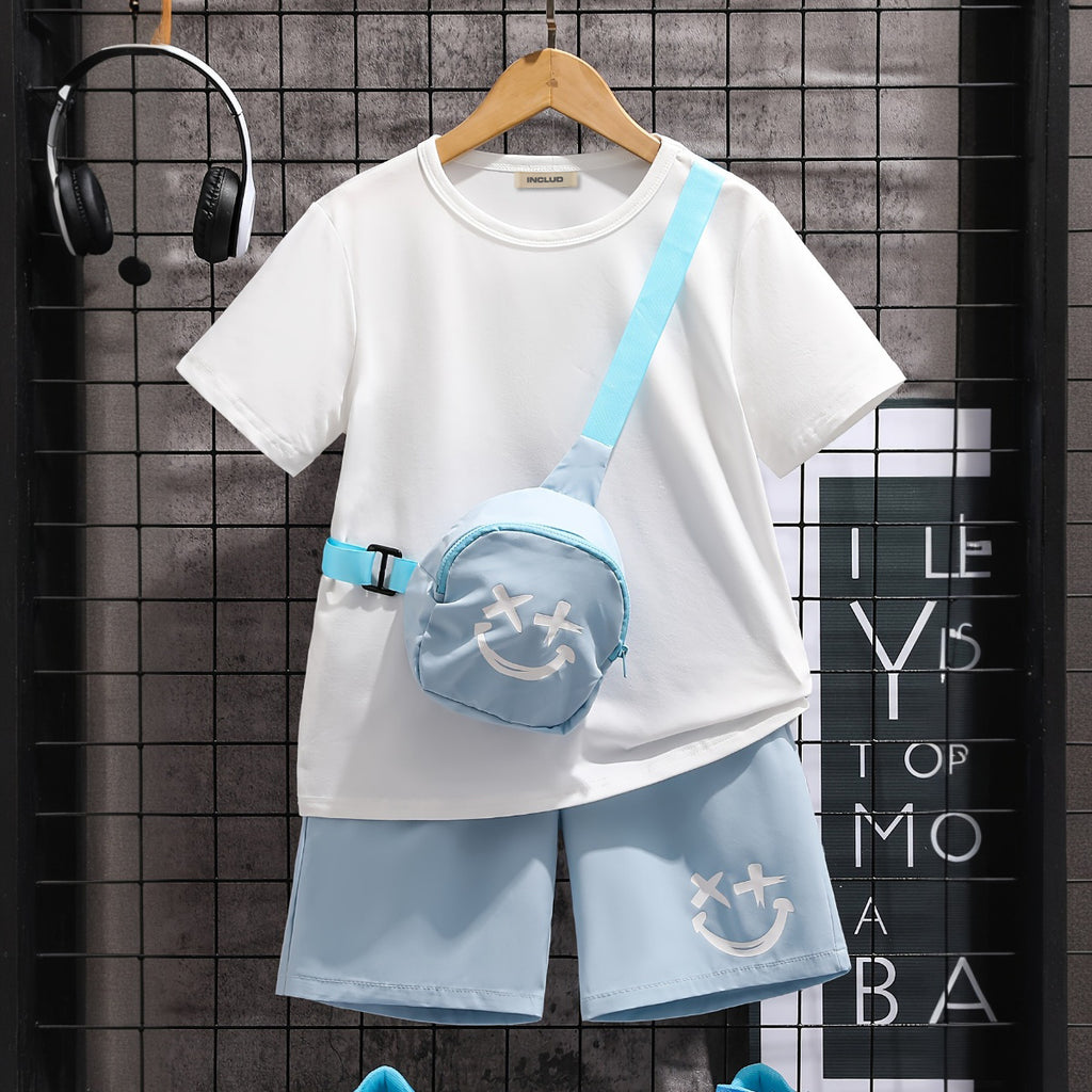 Boys Short Sleeve Round Neck T-Shirt With Sky Blue Shorts And Bag Set 3 pc. Sets Sky Blue 7-8 Y