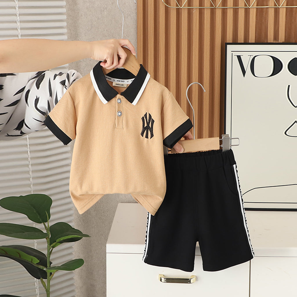 Boys Khaki Short Sleeve Polo T-Shirt With Collar Tipping And Shorts Set 2 pc. Sets