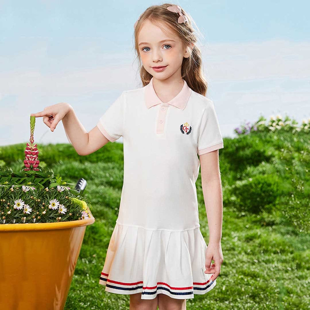 Girls Short Sleeve Polo Drop Waist Dress Casual Dresses White 1-2 Y 