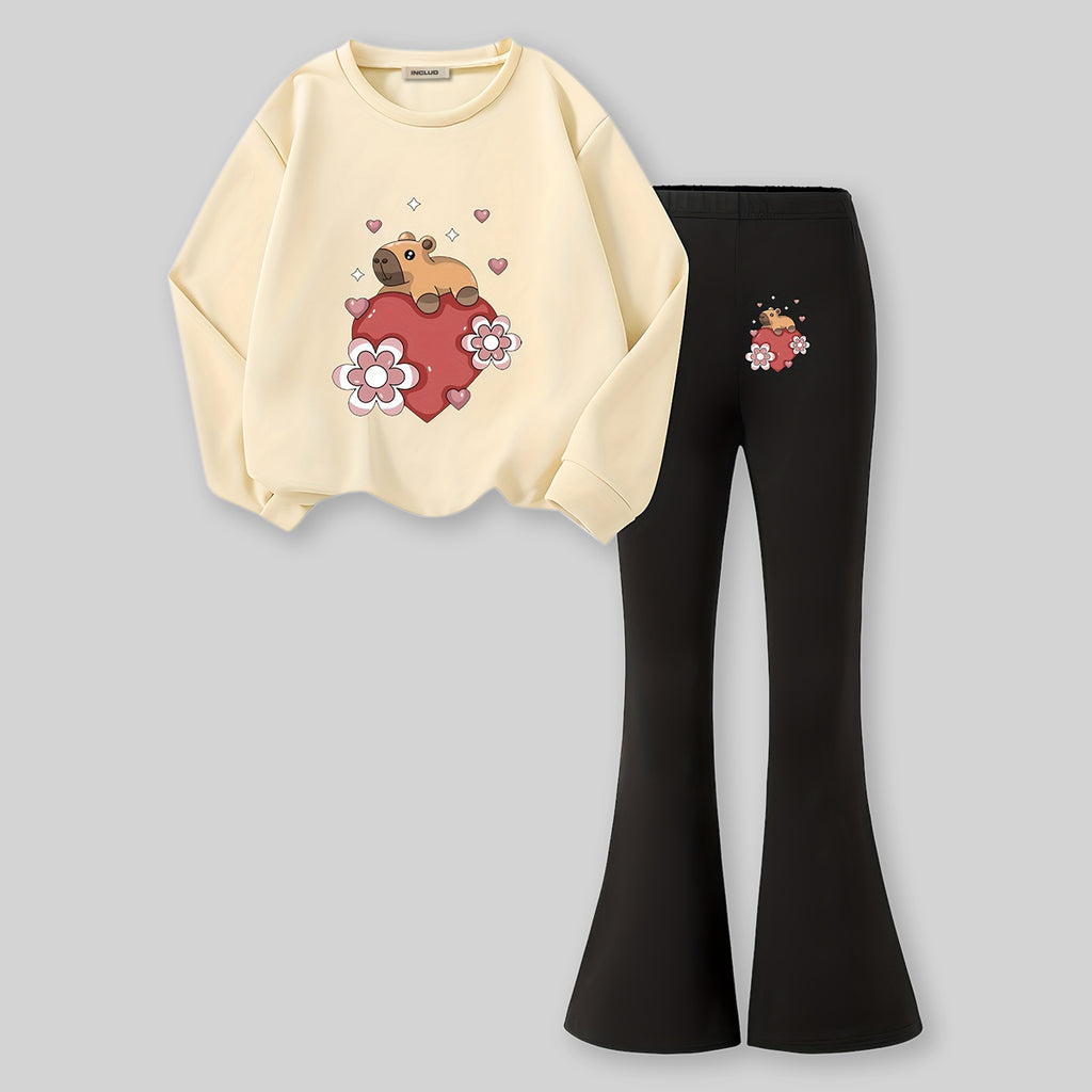 Girls Apricot Heart Print Sweatshirt with Flared Pants Set 2 pc. Sets Apricot 7-8 Y