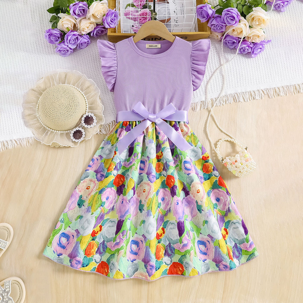 Girls Light Purple Floral Printed Flutter Sleeves Fit And Flared Midi Dress Casual Dresses Purple 3-4 Y