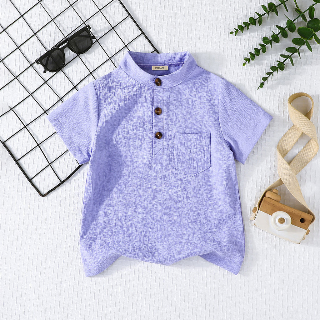 Boys Purple Short Sleeves Mandarin Collared T-Shirt Tshirts