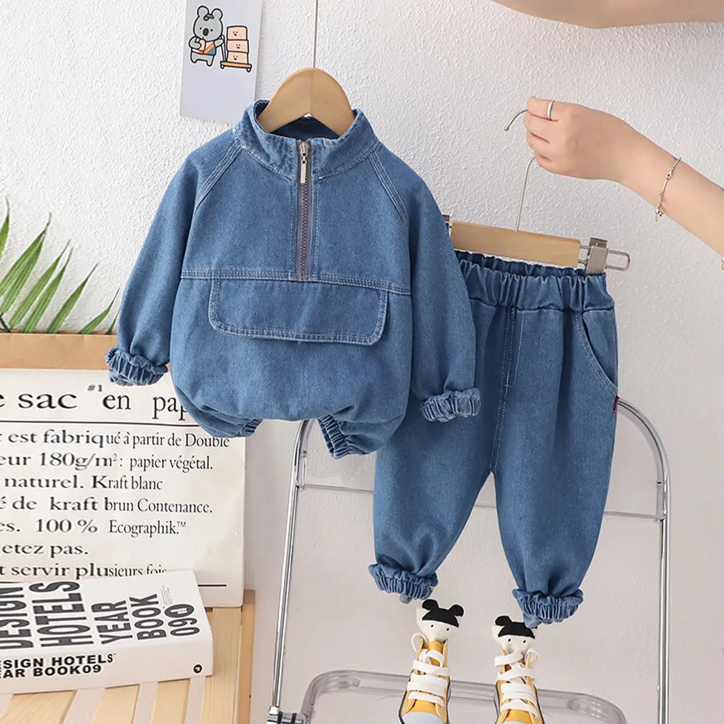 Boys Blue Denim Pullover Half Zipper Jacket With Jogger Co-ord Sets Sets Blue 1-2 Y