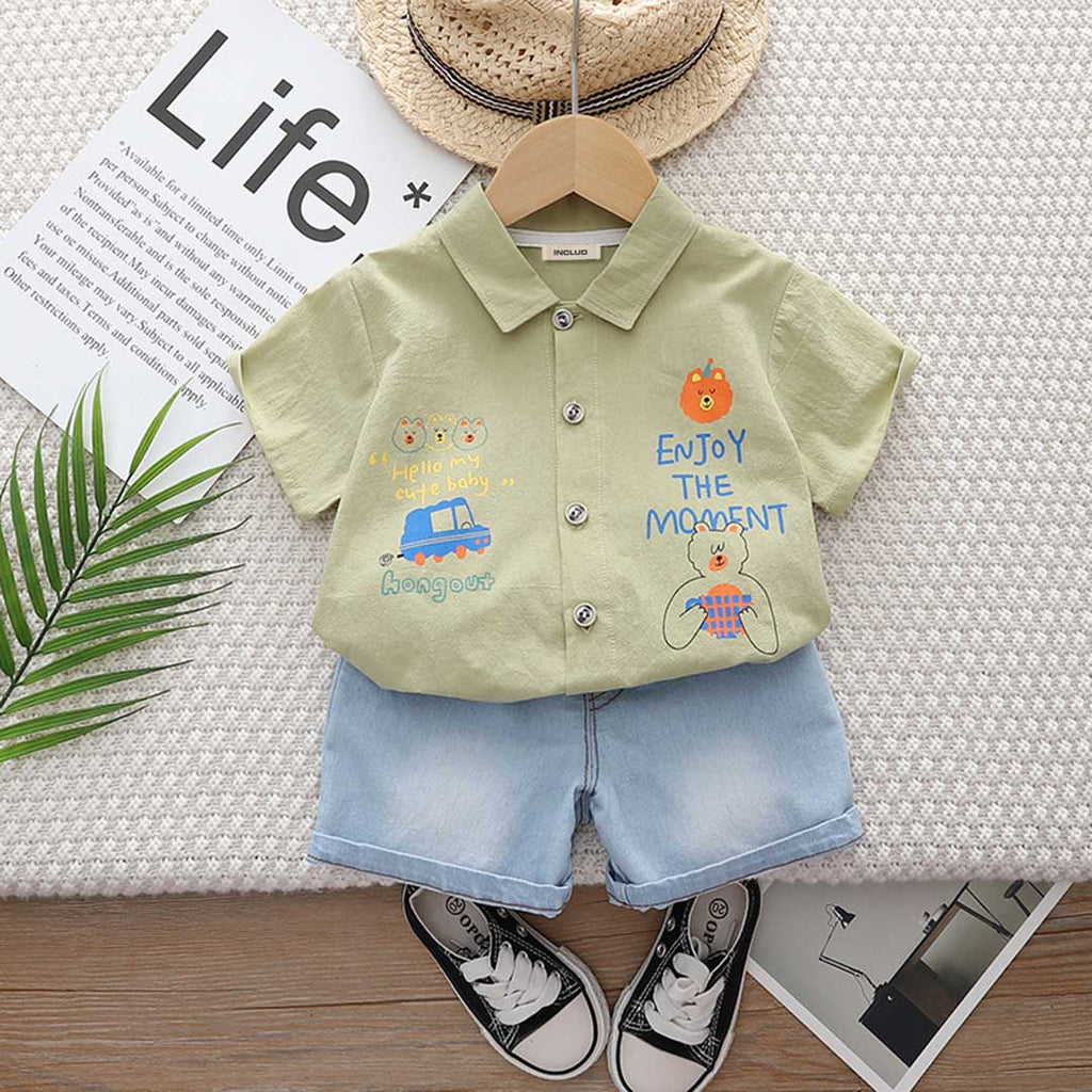 Boys Graphic Print Shirt With Denim Shorts Set 2 pc. Sets Green 1-2 Y 
