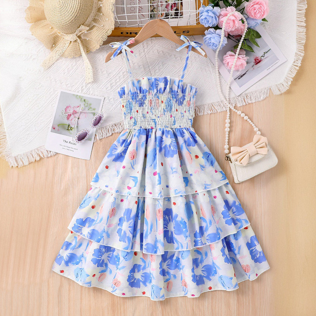 Girls Blue Floral Printed Sleeveless Smocked Fit And Flared Dress Casual Dresses