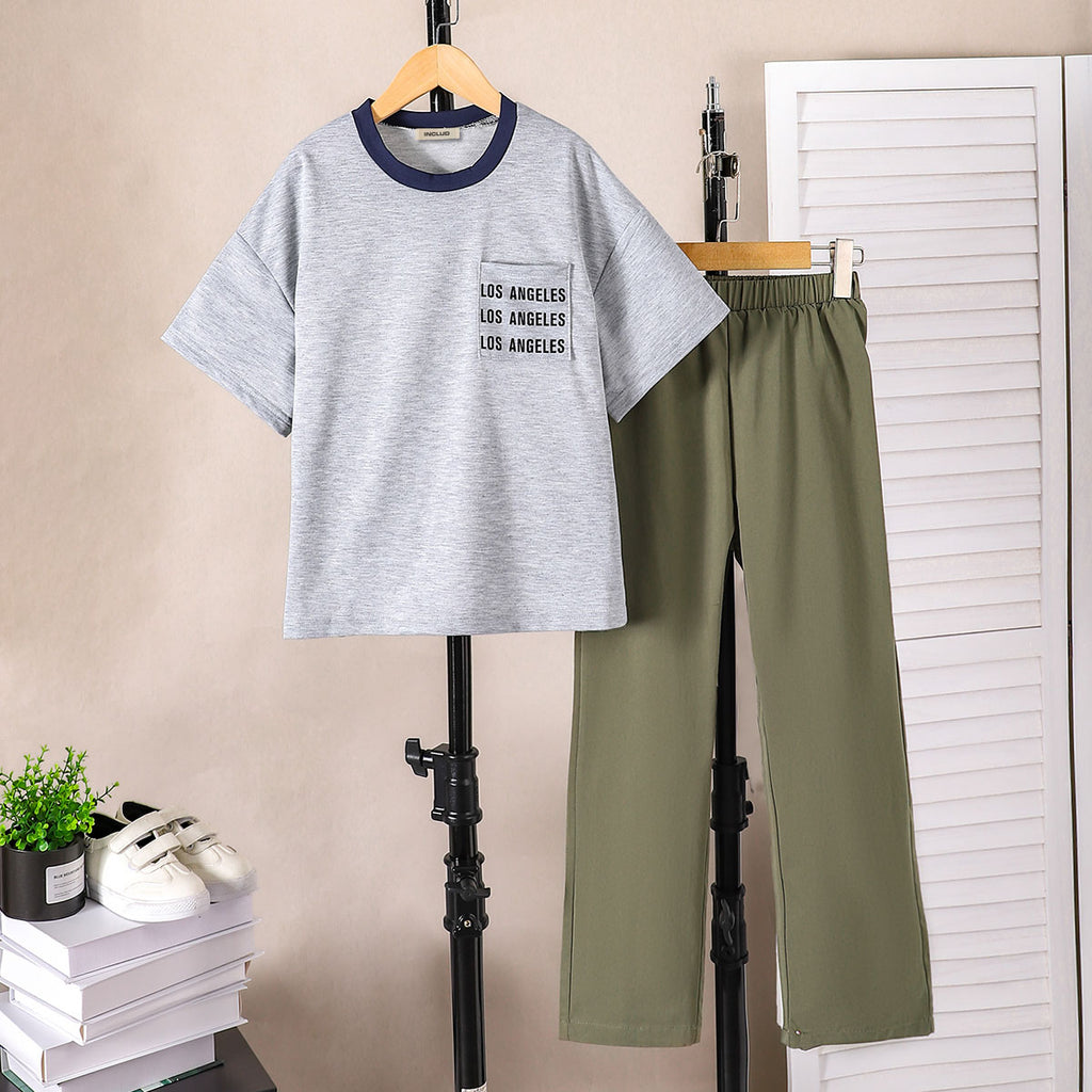 Boys Grey Short Sleeves Extended Shoulder T-Shirt With Pants Set 2 pc. Sets Grey 7-8 Y