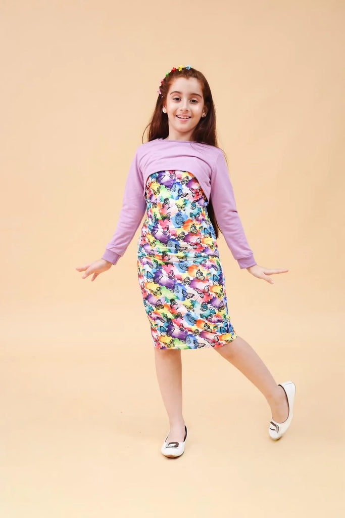 Girls Purple Butterfly Printed Dress With Long Sleeve Top Casual Dresses Purple 4-5 Y