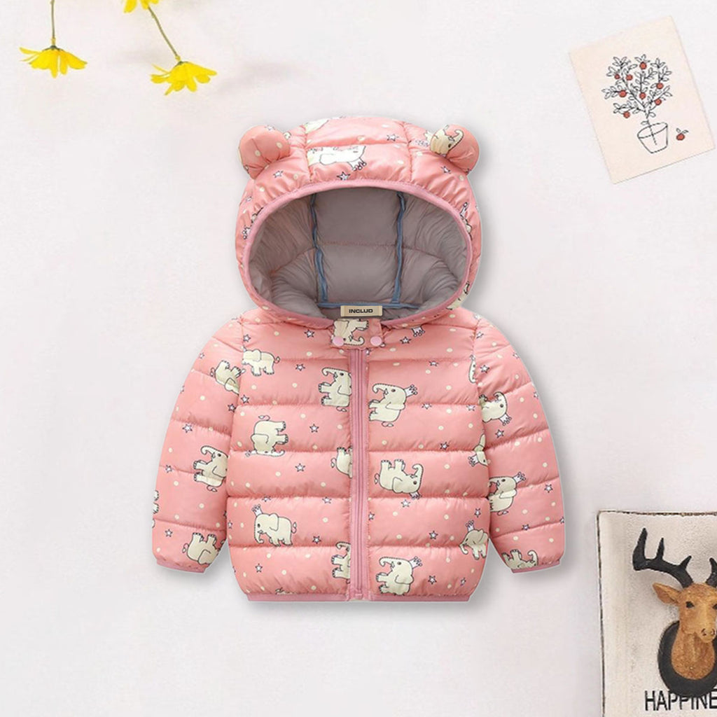 Girls Light Pink Elephant Printed Hooded Puffer Jacket Coats & Jackets Light Pink 1-2 Y