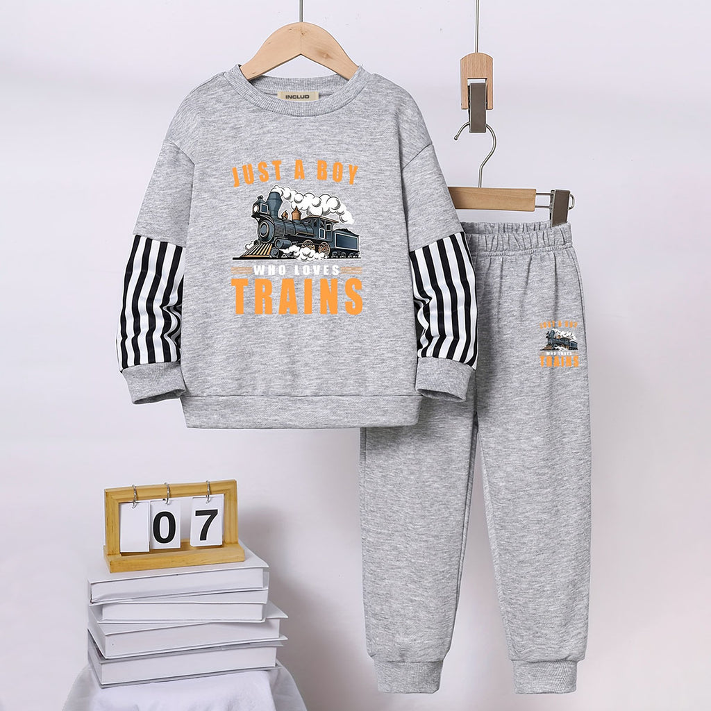 Boys Grey Train Cartoon Printed Sweatshirt With Jogger Sets 2 pc. Sets Grey 2-3 Y