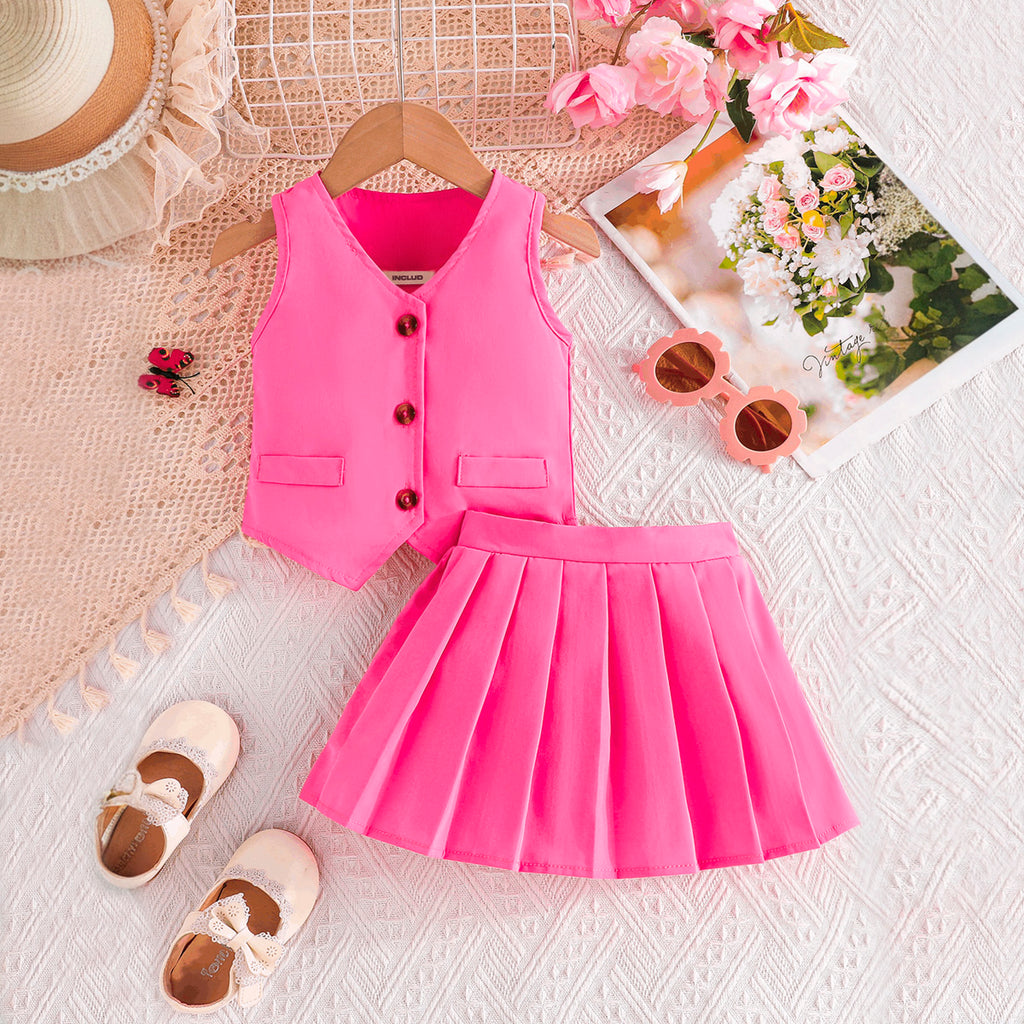 Girls Dark Pink Sleeveless Waist Top With Pleated Skirt 2 pc. Sets Dark Pink 1-2 Y