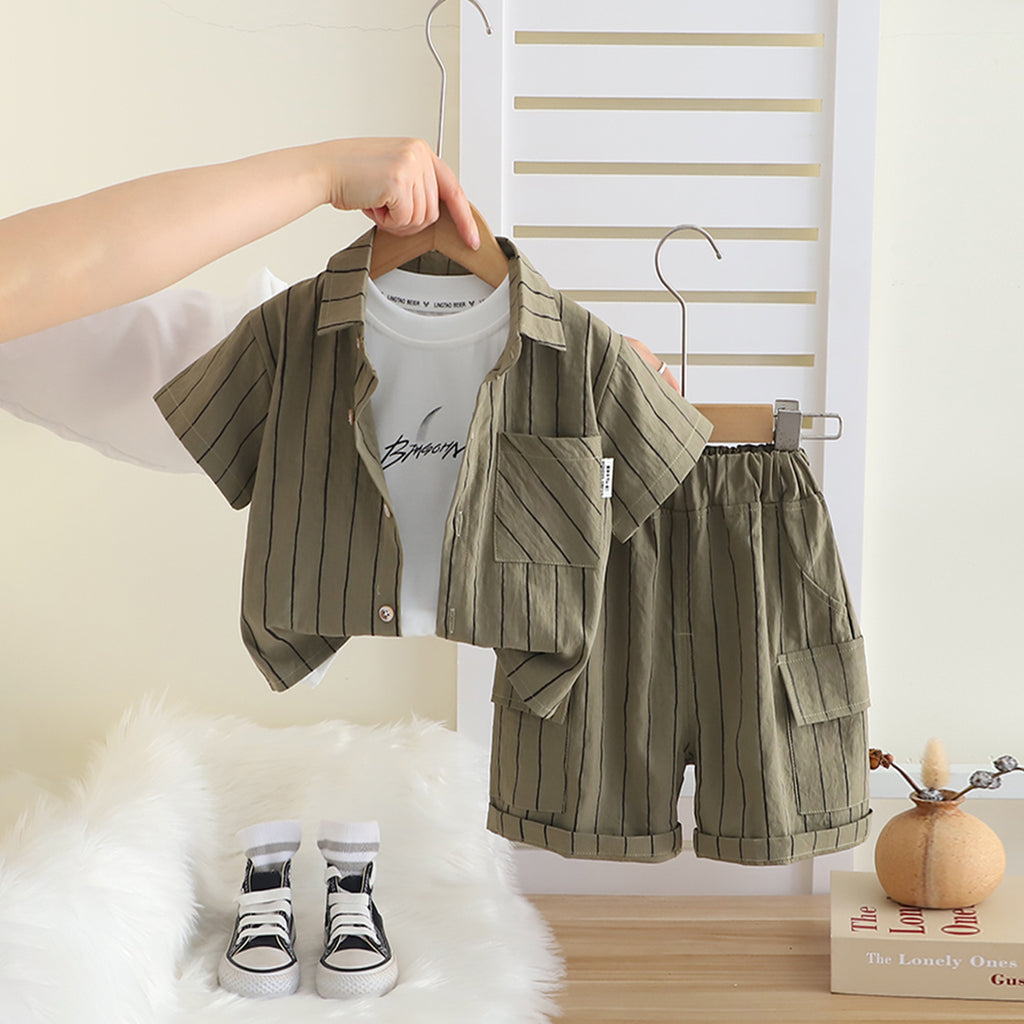 Boys Green Striped Short Sleeves Shirt With T-Shirt And Cargo Shorts Set Sets Green 1-2 Y