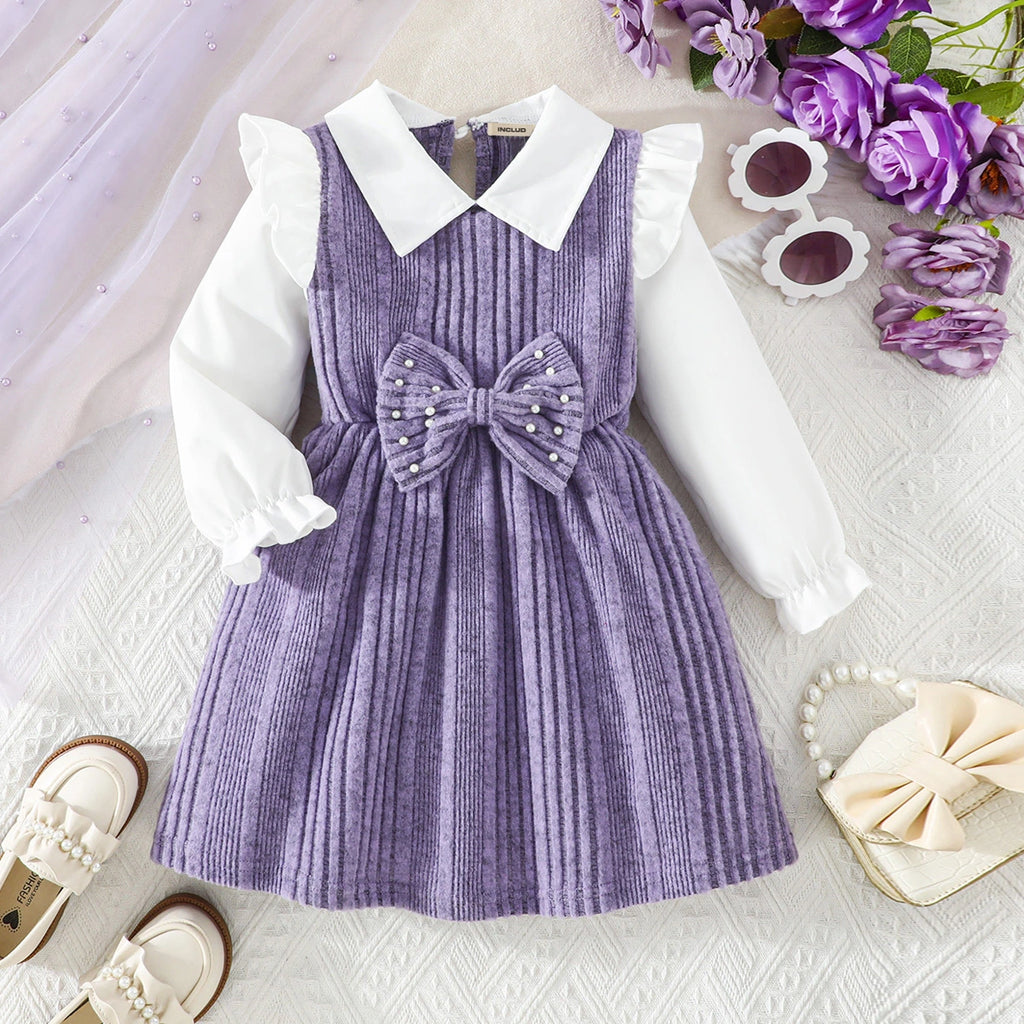 Girls Purple Self-Design Striped Long Sleeves Fit & Flare Dress With Bow Casual Dresses Purple 3-4 Y