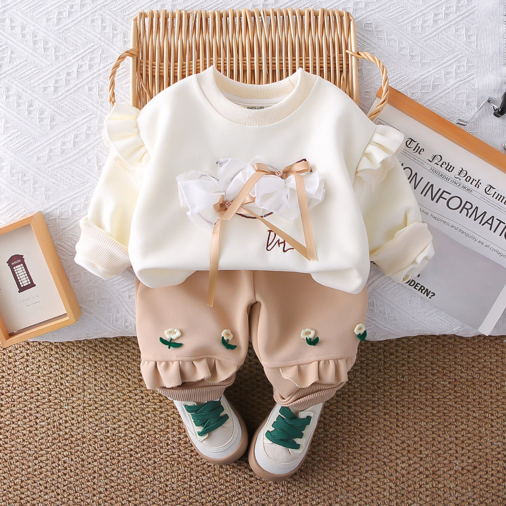 Girls Off White Sweatshirt with Front Bows & Joggers Set Sets Off White 1-2 Y