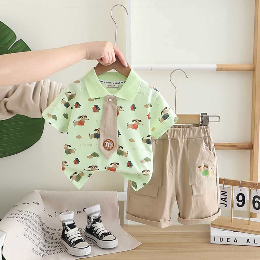 Boys Green Animal Printed Polo T-shirt With Attached Tie And Shorts Set Sets Green 1-2 Y