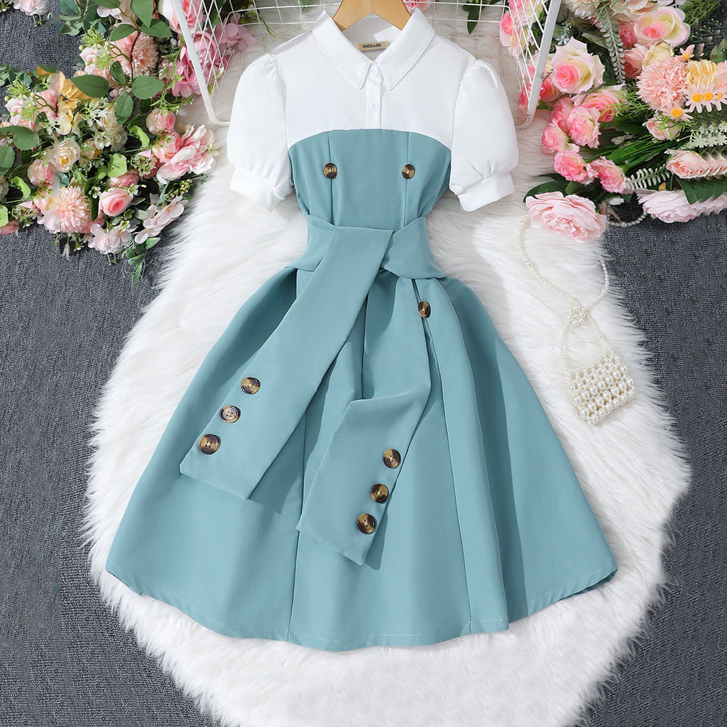 Girls Teal Polo Neck Flared Dress with Wide Belt Casual Dresses Teal 7-8 Y