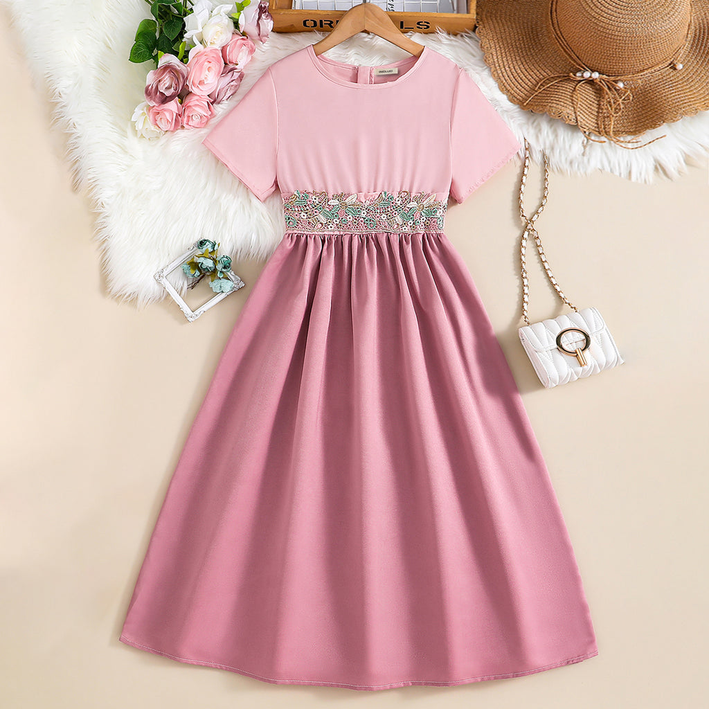 Girls Pink Short Sleeve Embroidered Fit & Flare Dress Casual Dresses Pink 12-13 Y