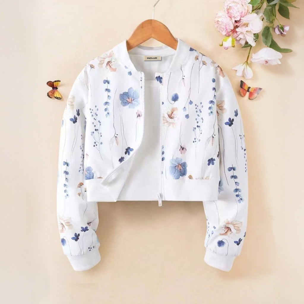 Girls White Floral Printed Bomber Winter Jacket Coats & Jackets White 7-8 Y
