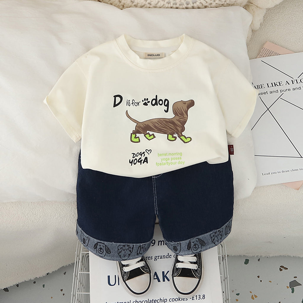 Boys Apricot Animal Printed T-Shirt With Denim Shorts Set 2 pc. Sets