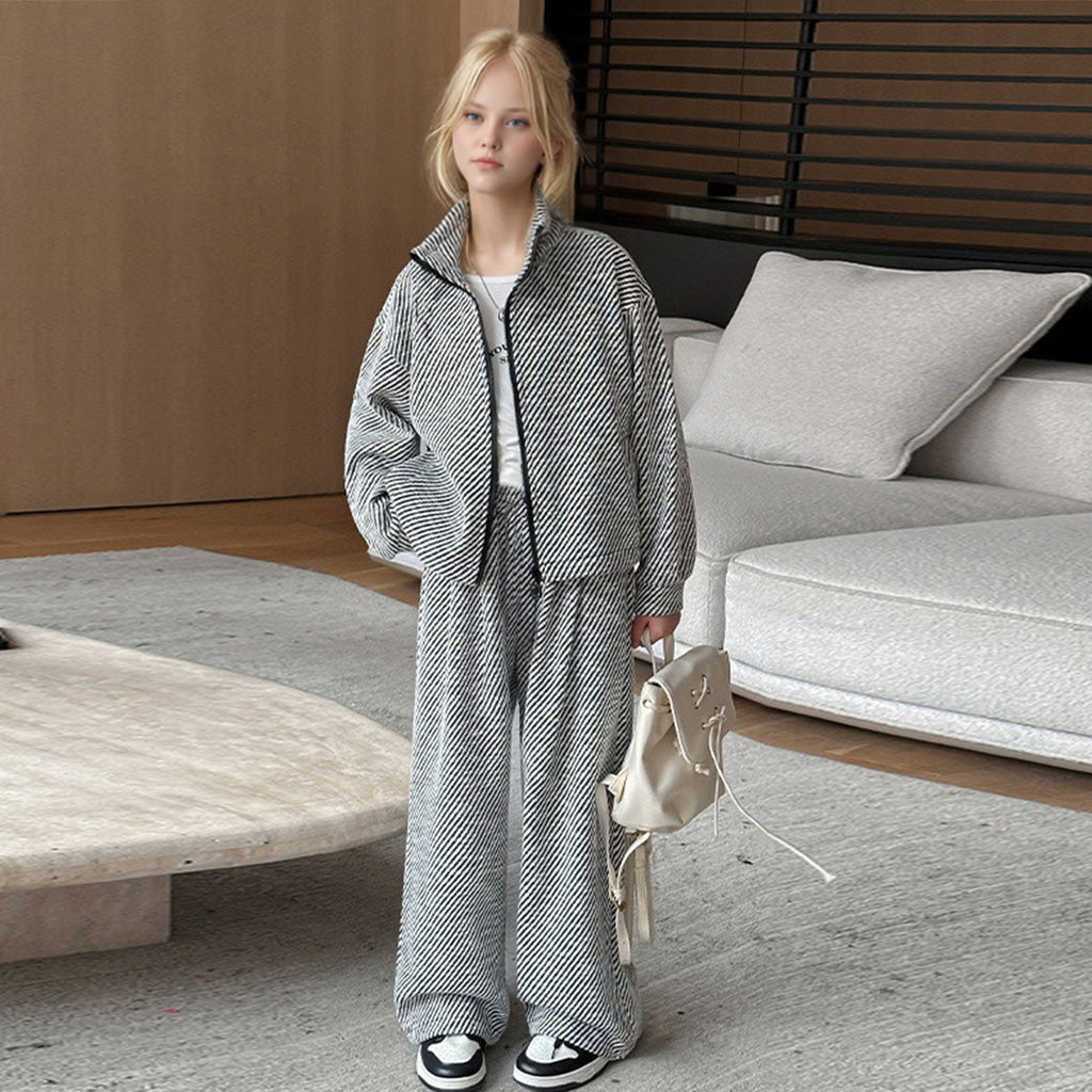 Girls Black Diagonal Stripes Front Zipper Jacket With Pants Winter Co-ord Set 2 pc. Sets Black 5-6 Y